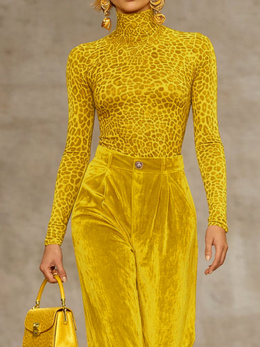 Long Sleeves Skinny Leopard High Neck T-Shirts Tops