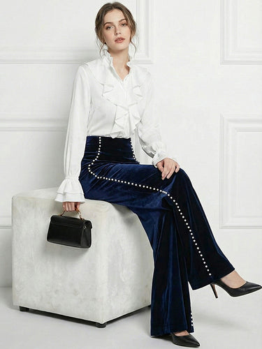 1730507 High Waisted Loose Beaded Contrast Color Pockets Split-Joint Webbing Pants