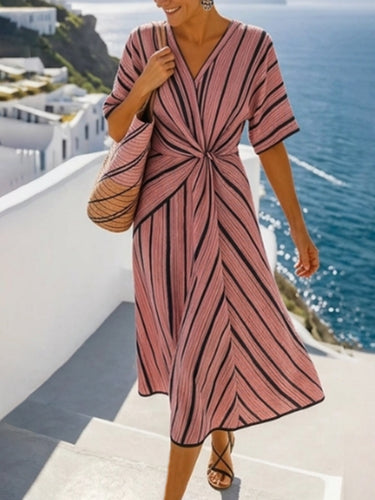 1778231 A-Line High Waisted Contrast Color Knot Line Pleated Pockets V-Neck Midi Dresses