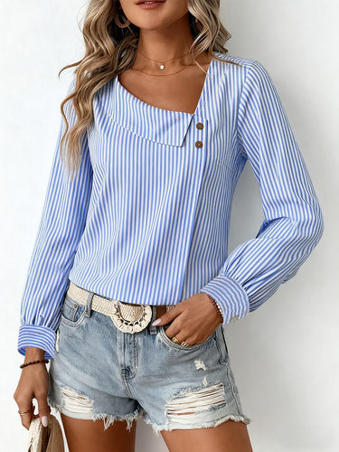 Blouses met lange mouwen, knoopsluiting, splitnaad en asymmetrische gestreepte kraag&Shirts Tops