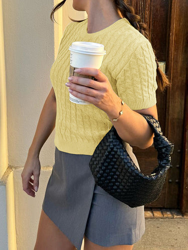 1730871 Short Sleeves Solid Color Split-Joint Round-neck Pullovers Sweater Tops