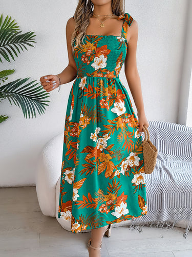 1783879 A-Line Loose Contrast Color Elasticity Flower Print Tied Spaghetti-Neck Midi Dresses