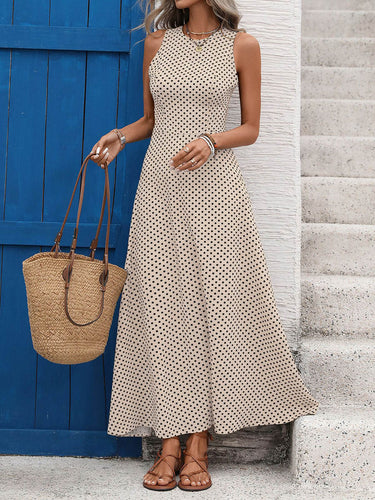 1768496 A-Linien-Maxikleid mit hohem Bund und kontrastfarbenem Polka-Dot-Rundhalsausschnitt
