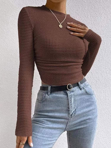 1752810 Long Sleeves Skinny Pleated Solid Color Split-Joint Textured Waffle Check Round-Neck T-Shirts Tops