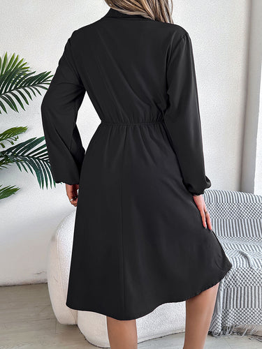 1756179 A-line Long Sleeves Buttoned Pleated Solid Color Tied Lapel Midi Dresses Shirt Dress