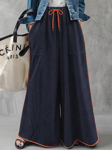 Pockets Elasticity Drawstring Contrast Color Wide Leg Loose Trousers Pants