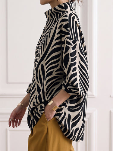 Printed Contrast Color Loose Long Sleeves High-neck Sweatshirt Tops