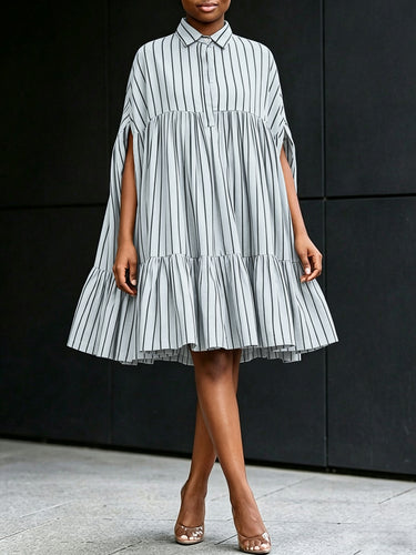 A-Line Batwing Sleeves Buttoned Contrast Color Pleated Ruffle Trim Split-Joint Striped Lapel Midi Dresses