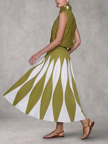 A-Line High Waisted Contrast Color Pleated Printed Skirts Bottoms