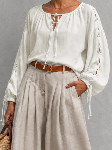 Split-Joint Solid Color Pleated Hollow Drawstring Loose Long Sleeves Cold shoulder Blouses&shirts Tops