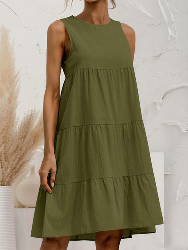 1773592 A-Line Loose Pleated Solid Color Tiered Round-Neck Mini Dresses