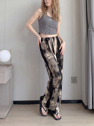 1781218 High Waisted Wide Leg Drawstring Elasticity Printed Pants Trousers