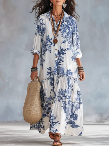 1781491 Long Sleeves Loose Buttoned Contrast Color Leaves Print Pleated Split-Joint Lapel Maxi Dresses