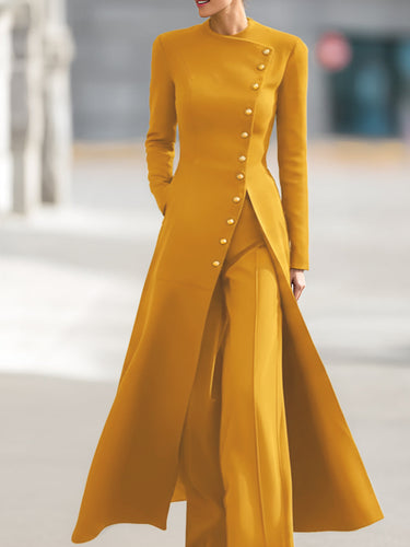High Waisted Long Sleeves Buttoned Solid Color Split-Front Round-Neck Midi Dresses