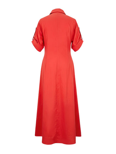 A-Linie, hoch tailliert, plissiert, einfarbig, V-Ausschnitt, Maxikleid, Hemdblusenkleid