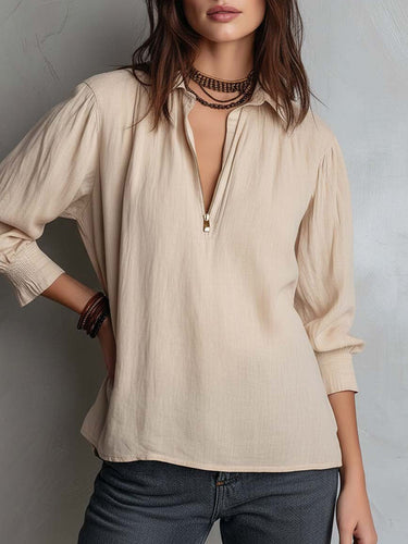1755138 Long Sleeves Loose Pleated Solid Color Zipper Lapel Blouses&Shirts Tops