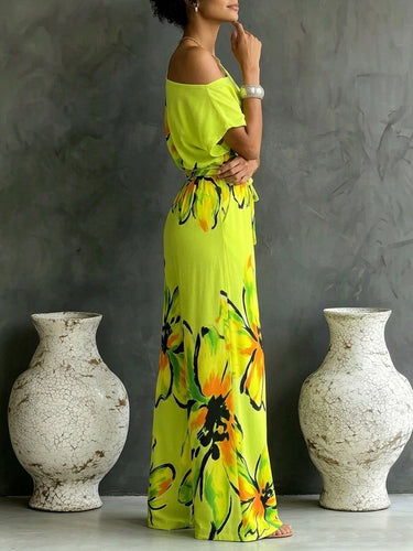 1781547 Loose Short Sleeves Contrast Color Flower Print Knot Pockets Tied Waist One-Shoulder Jumpsuits