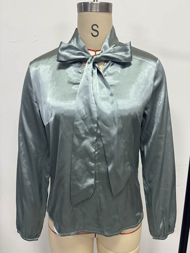 1729150 Long Sleeves Loose Bow-Embellished Pleated Solid Color Split-Joint Scarf Collar Blouses&Shirts Tops