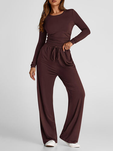 1751588 Solid Color Pleated Round-Neck T-Shirts Tops +  Elasticated Waist High Waisted Drawstring Pants Two Pieces Set