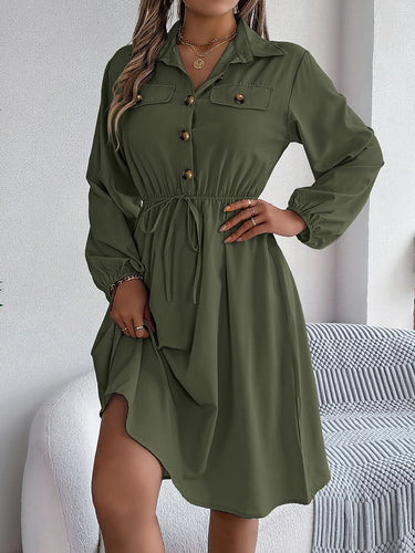 1756187 A-line Long Sleeves Buttoned Pleated Solid Color Tied Lapel Midi Dresses Shirt Dress