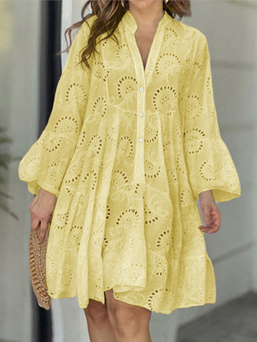 1540878 A-Line Flared Sleeves Buttoned Hollow Solid Color Split-Joint V-Neck Mini Dresses