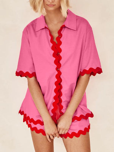 1446858 Loose Contrast Color Shirts Tops & Shorts Two Pieces Set