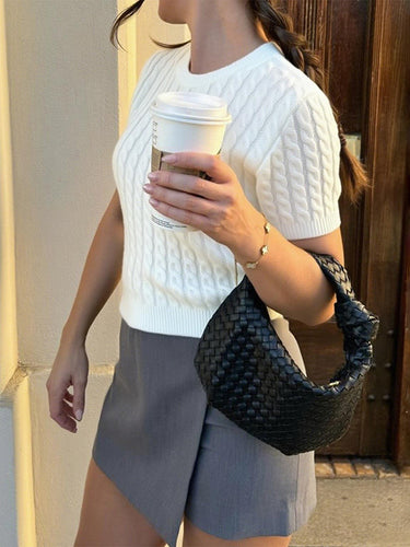 1730862 Short Sleeves Solid Color Split-Joint Round-neck Pullovers Sweater Tops