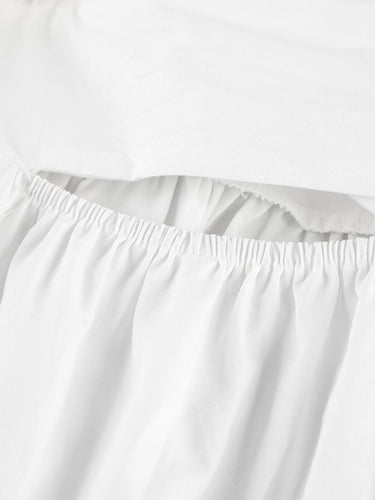 1742225 Elasticated Waist High Waisted Pleated Solid Color Split-Joint Tied Waist Round-Neck Blouses&Shirts Tops