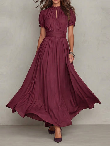 1784304 High Waisted Plus Size Buttoned Pleated Solid Color Round-neck Maxi Dresses