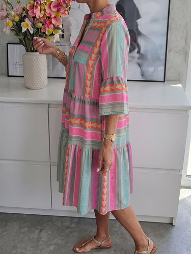 1784317 A-Line Loose Contrast Color Printed Split-Joint V-Neck Mini Dresses