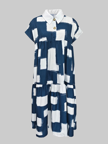 A-line High Waisted Buttoned Contrast Color Pleated Pockets Lapel Midi Dresses