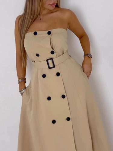 1631659 A-Line Loose Belted Buttoned Pockets Tube Maxi Dresses