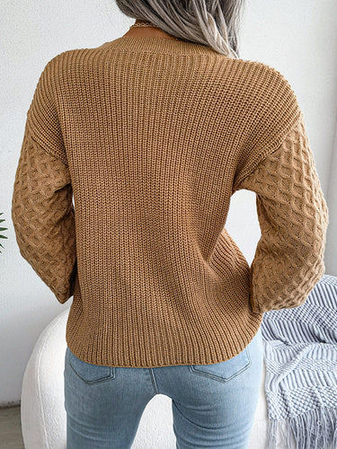 1713798 Long Sleeves Loose Cable Knit Solid Color Round-Neck Sweater Tops