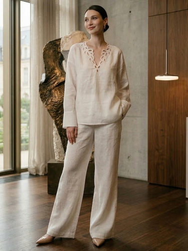 1760555 Long Sleeves Loose Hollow Solid Color V-Neck Blouses&Shirts Tops