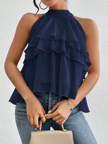 1780335 Sleeveless Hollow Ruffle Trim Solid Color Split-Joint Halter-Neck Tank Top