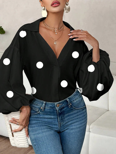 1780290 Long Sleeves Loose Contrast Color Pleated Polka Dot Split-Joint Lapel Blouses&Shirts Tops