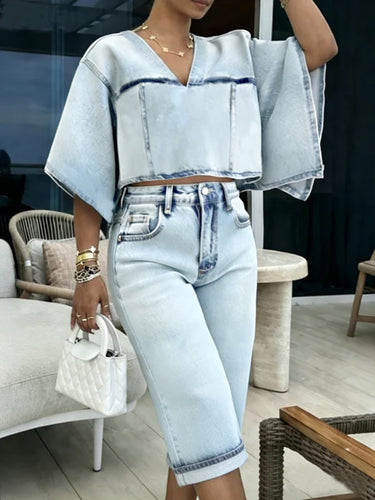 Batwing Sleeves Half Sleeves Contrast Color Split-Joint V-Neck Blouses&Shirts Tops