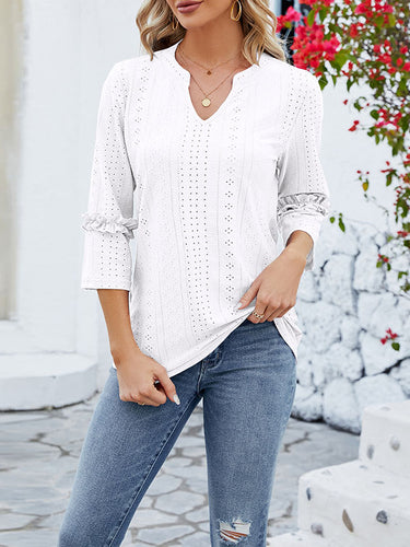 1497335 Loose Three-Quarter Sleeves Jacquard Solid Color V-Neck T-Shirts Tops