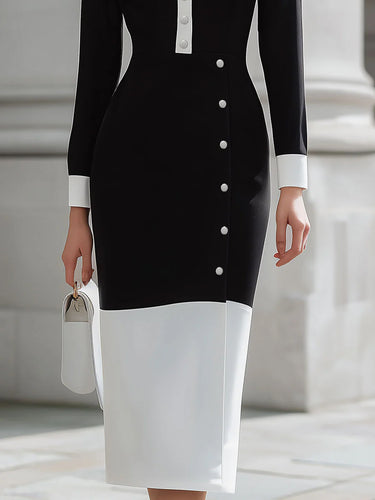 High Waisted Long Sleeves Buttoned Contrast Color Split-Front Split-Joint Lapel Midi Dresses