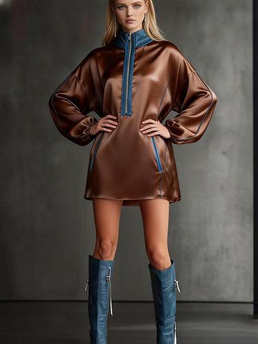 1736912 Long Sleeves Loose Contrast Color Pockets Split-Joint Zipper Half Turtleneck Mini Dresses