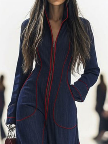 Long Sleeves Wide Leg Zipper Stand Collar Jumpsuits
