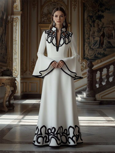 A-Line Flared Sleeves Abstract Printed Contrast Color Hollow Line Split-Joint Stand Collar Maxi Dresses