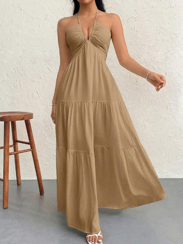 1777348 Corte en A Suelto Sin Espalda Plisado Color Sólido Dividido Escote Halter Midi Vestidos