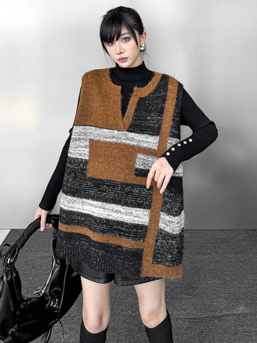 1734774 Loose Sleeveless Contrast Color Geometric Split-Joint Striped V-Neck Outerwear Vest Top