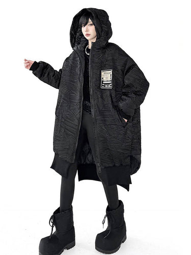 1720078 High-Low Irregularity Abstract Printed Contrast Color Split-Joint Zipper Hooded Outerwear Overcoat