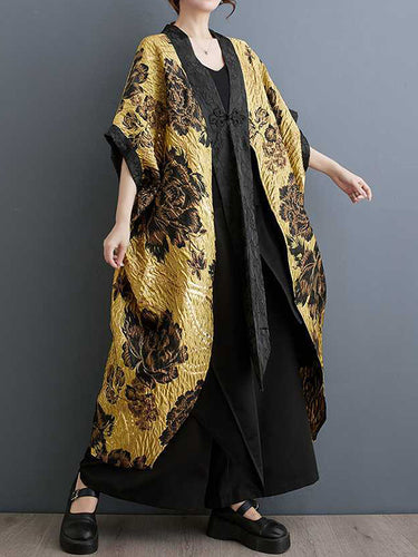 Batwing mangas sueltas botones de rana chino con bulto de flores plisados