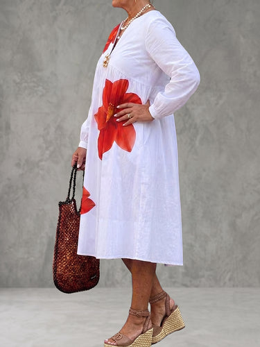 1777693 A-Line Long Sleeves Contrast Color Flower Print Pleated V-Neck Midi Dresses Shirt Dress
