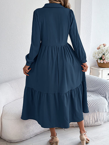 1713687 High Waisted Long Sleeves Pleated Ruffled Solid Color Lapel Midi Dresses Shirt Dress