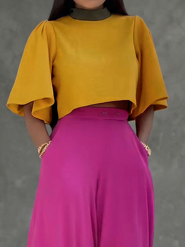 Cropped Flared Sleeves Contrast Color Pleated Stand Collar Blouses&Shirts Tops