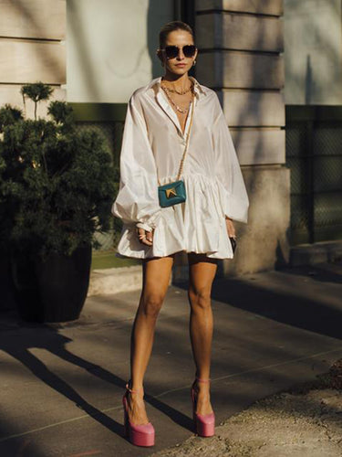 1080299 Puff Sleeves Buttoned Solid Color Split-Joint Lapel Mini Dresses Shirt Dress